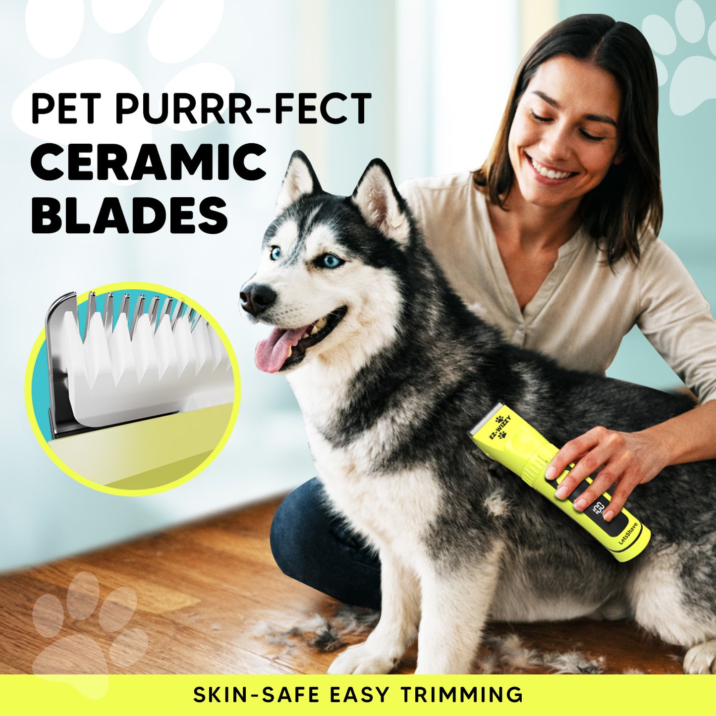 EZ-Wizzy Pet Trimmer Pro Grooming Kit – Quiet Pet Clipper with Ceramic Blades, Adjustable Length & Complete Grooming Tools