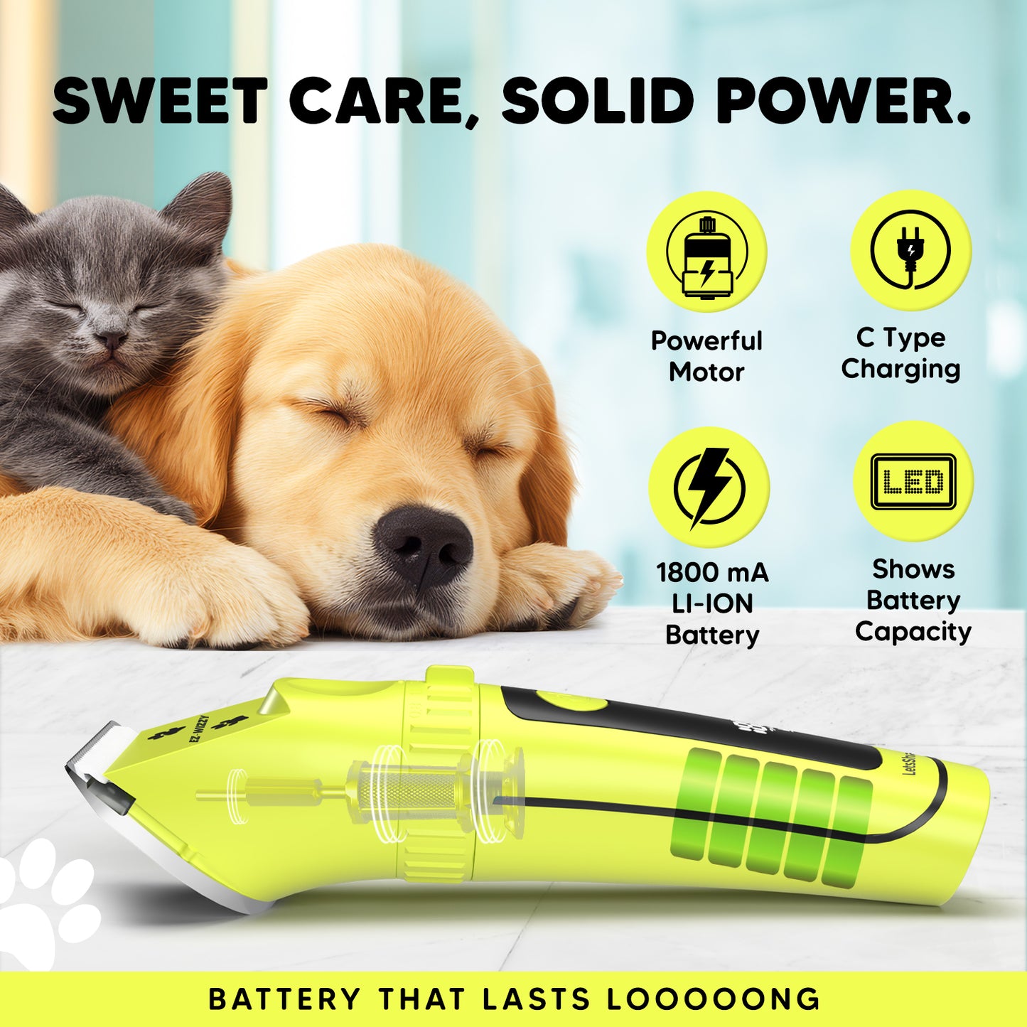 EZ-Wizzy Pet Trimmer Pro Grooming Kit – Quiet Pet Clipper with Ceramic Blades, Adjustable Length & Complete Grooming Tools