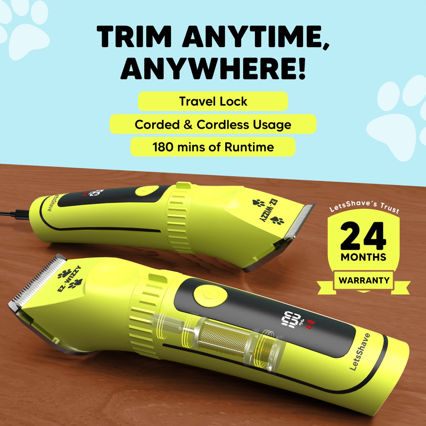 EZ-Wizzy Pet Trimmer Pro Grooming Kit – Quiet Pet Clipper with Ceramic Blades, Adjustable Length & Complete Grooming Tools