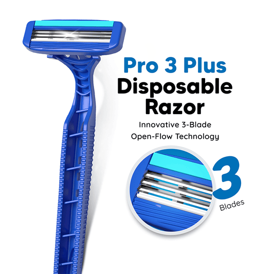 Close-up of Pro 3 Plus 3-blade disposable shaving razor for men with open-flow cartridge