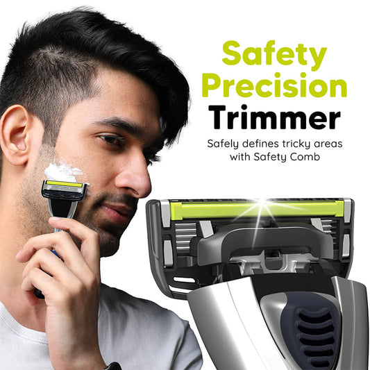 Man shaving with LetsShave razor showing safety precision trimmer for men’s grooming and clean shave.