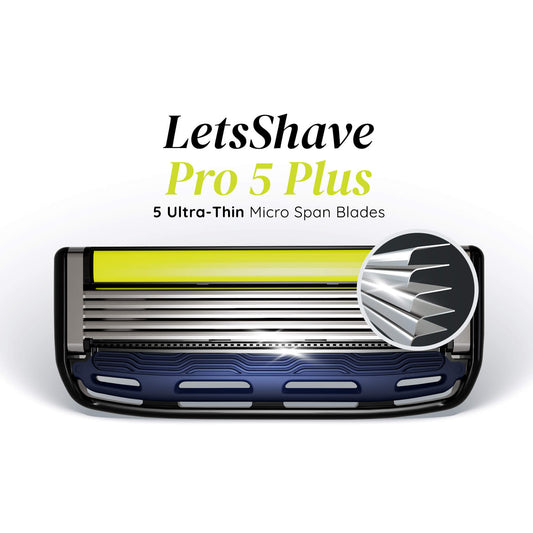 Let's Shave Pro 5 Plus razor blade packaging with branding and product details on a white background.
