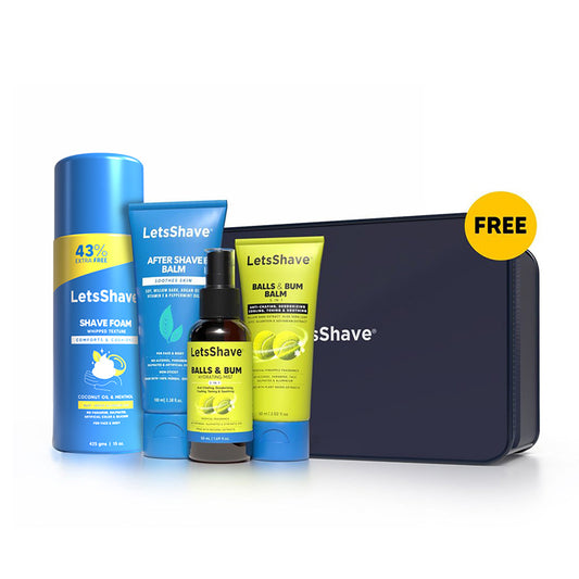 LetsShave Shave & Grooming Kit with Balls & Bum Care – Shave Foam, After Shave Balm, Balls & Bum Balm & Mist + FREE Travel Bag