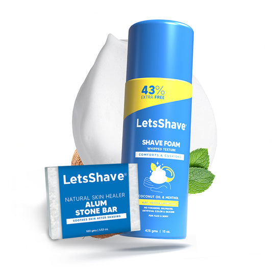 LetsShave Shave Foam & Alum Stone Bar Combo | Coconut Oil, Menthol & Natural Skin Healer