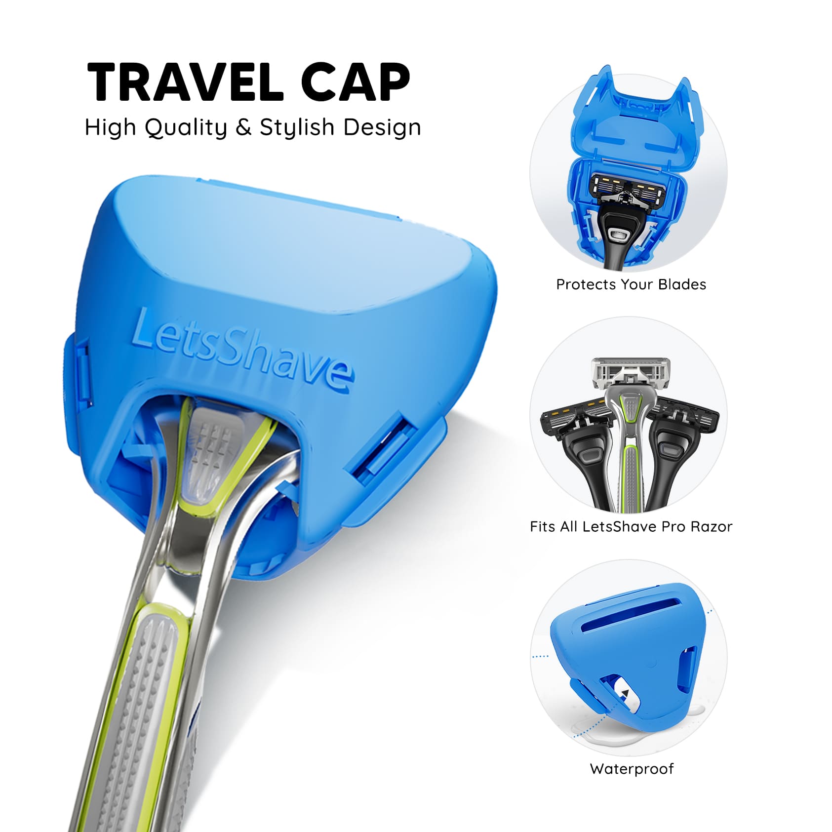 LetsShave razor travel cap—waterproof protective cover fits all LetsShave Pro razors