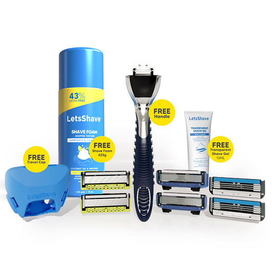 LetsShave Website Exclusive Shaving Kit – Handle + Cartridges + Shave Foam + Shave Gel + Travel Cap