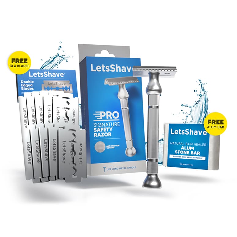 LetsShave Pro Signature DE Safety Razor for Men – Double edge classic razor with premium metal handle, 10 stainless steel blades, and free alum bar for post-shave care