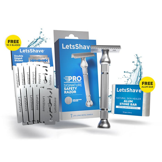 LetsShave Pro Signature DE Safety Razor for Men – Double edge classic razor with premium metal handle, 10 stainless steel blades, and free alum bar for post-shave care
