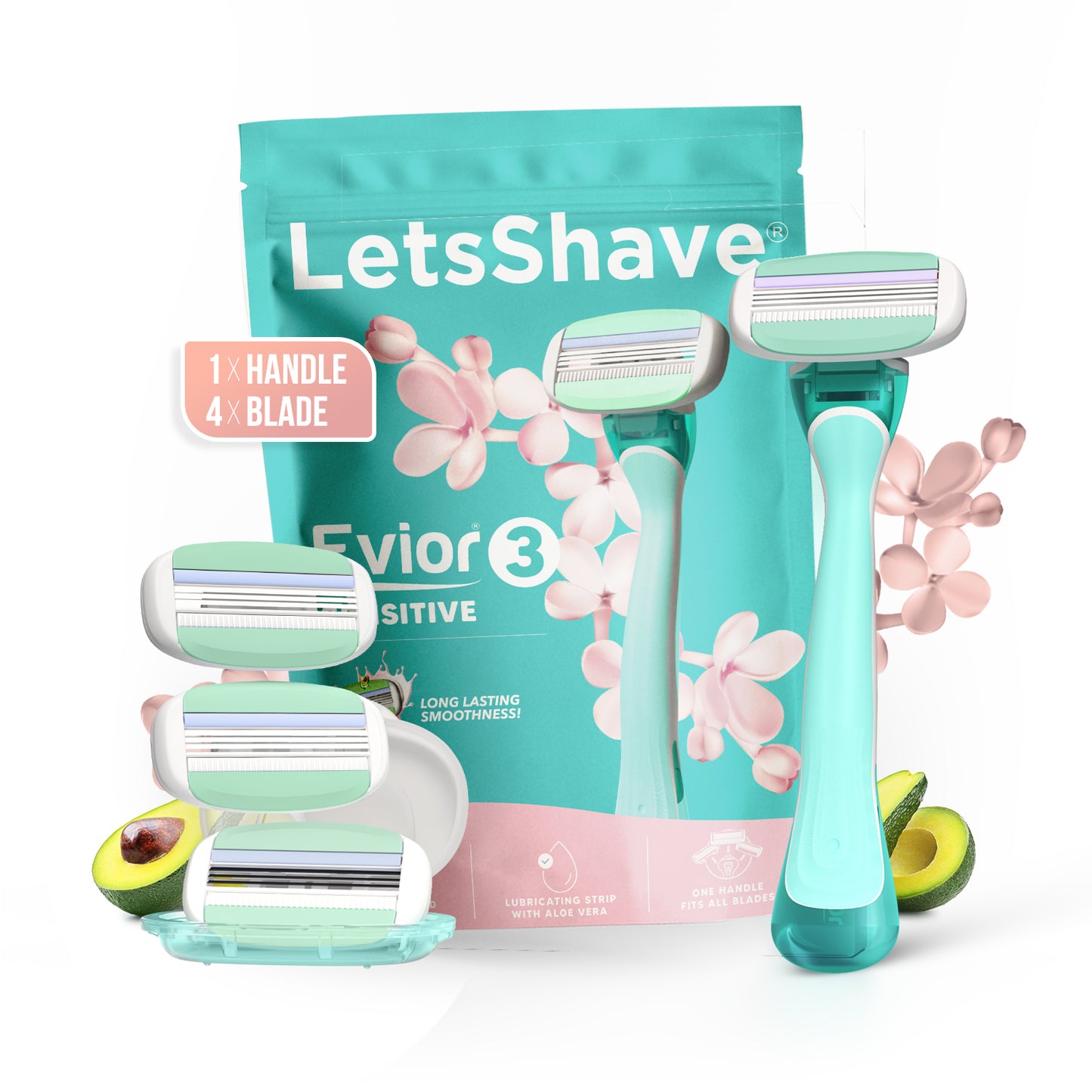 Gentle Care That Lasts Longer | Evior 3-Blade Sensitive Razor Value Set with Handle + 4 Blades