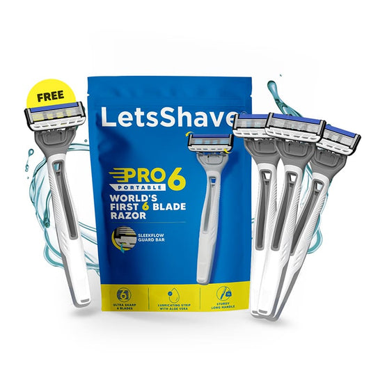 LetsShave Pro 6 Portable – 6 blade disposable razor for men, pack of 3 + 1 free, travel-ready shaving set pouch