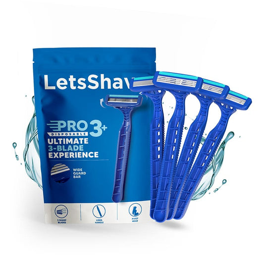 LetsShave Pro 3 Plus disposable shaving razor for men, pack of 4—3-blade razors with pivot head and long handle