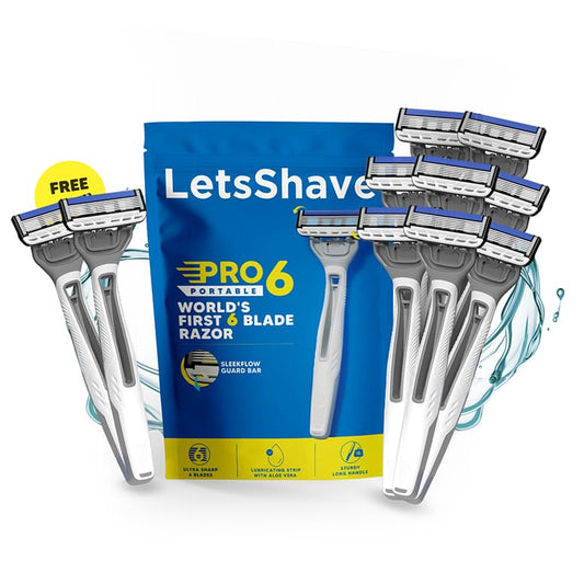 Packaging of LetsShave Pro6 razors with additional free razors on a white background