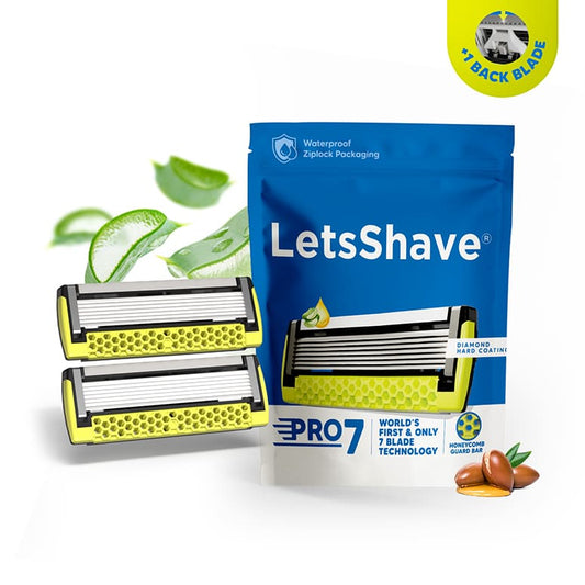 LetsShave Pro7 razor blades with packaging on a white background