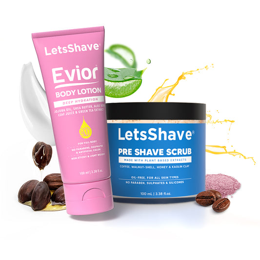 LetsShave Skincare Essentials Combo – Evior Body Lotion + Pre Shave Scrub