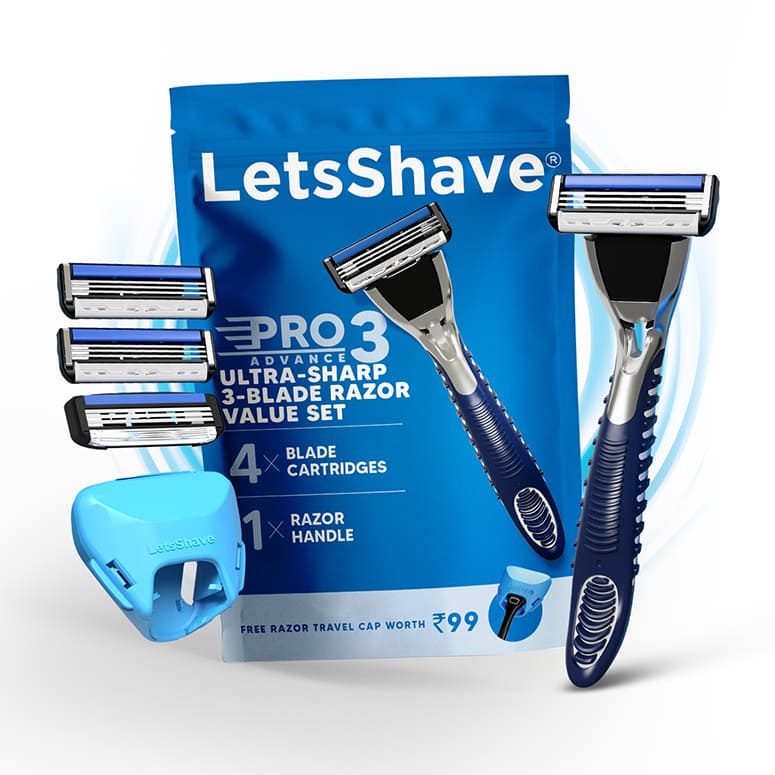 LetsShave razor set with razors, blades, and packaging on a white background