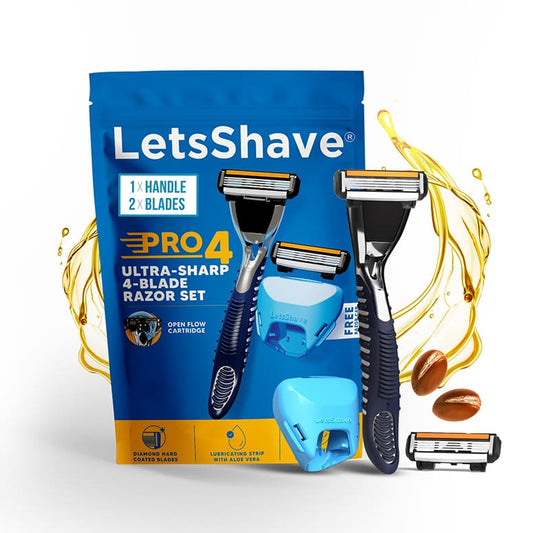 LetsShave Pro 4 Ultra-Sharp 4-Blade Razor Set with Aloe Vera strip, ergonomic handle, and free travel cap for men with thick beard