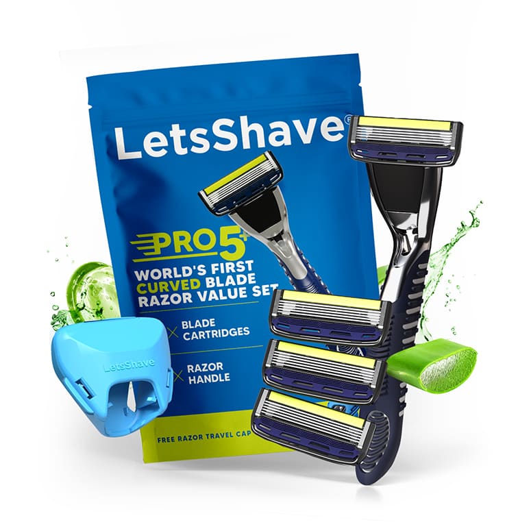 LetsShave Pro5 curved blade razor set with packaging on a white background