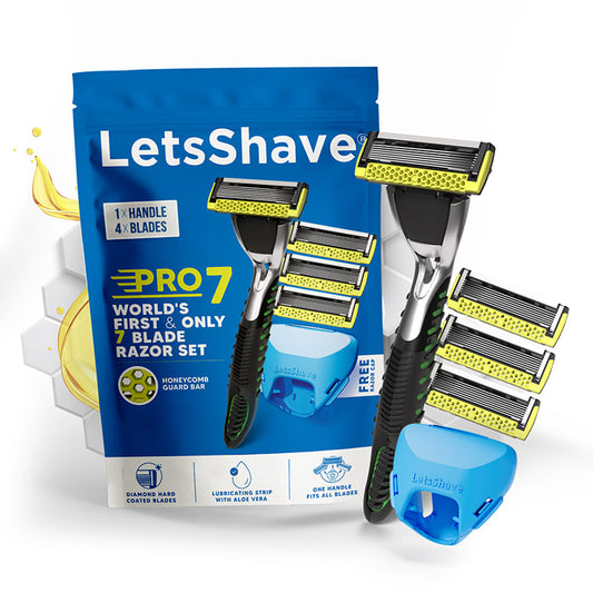 LetsShave Pro 7 Razor Value Set for Men – World’s first and only 7-blade razor with honeycomb guard bar, Aloe Vera lubrication strip, ergonomic handle, 4 blade refills, and travel cap.