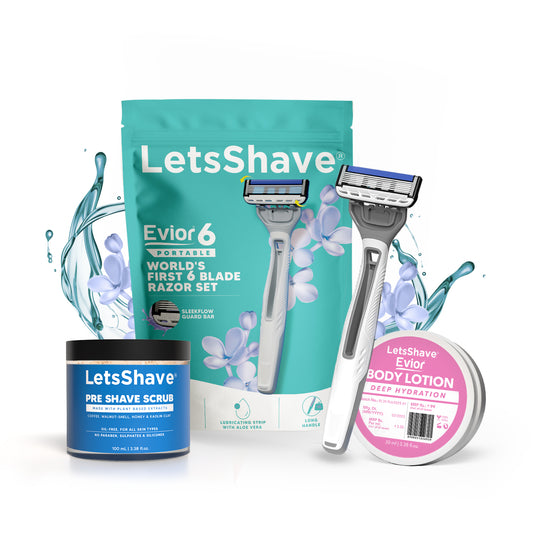 Evior 6 Step-Wise Kit – Portable Razor + Pre Shave Scrub + Body Lotion